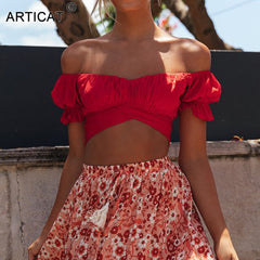 Articat Sexy Off Shoulder Backless Bow Tie Crop Tops Women V Neck Ruffles Sleeve Mini T Shirts Summer Street Tees Casual Beach