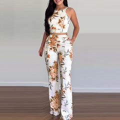 Floral Print Sleeveless Sexy Skinny Crop Top Boho Style Two Pieces Suit