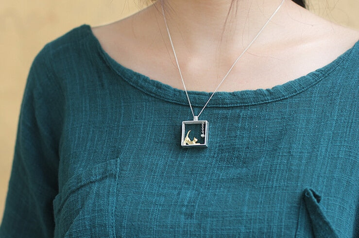 925 Sterling Silver Square  cat Necklaces &amp; Pendants For Women High Quality Sterling-silver-jewelry