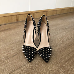 Full Spikes Rivets Women Pointy Toe Stiletto Pumps Faux Suede