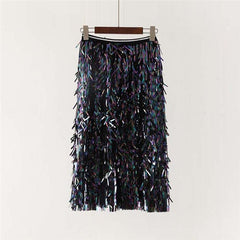 Fashion Holographic Colorful Long Skirt Shiny Sequined Elastic Waist Multilayered Patchwork Skirts High Street Skirt For Lady