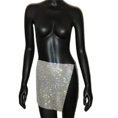 Bling Rhinestones 2 Piece Set Women Halter Tank Top Side Slit Mini Skirt