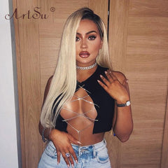 ArtSu Red Black White Metal Chain Sleeveless Crop Top Sexy Clubwear Women Adjustable Lace Up Hollow Out Tank Tops Tees Camisole