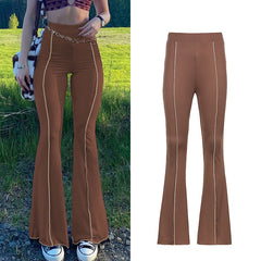 CIBBAR Solid Low Waist Ribbed Flare Pants Women Summer Slim Elegant Casual Elastic Trousers Female Fashion All-Match Streetwear