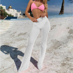 Beach See-through Mesh High Waist Elastic Sheer Wide Leg Pants Trousers Bikini Cover Up