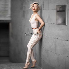 Chic Side Hollow Out Cross Criss Sexy Deep Vneck Women Bandage Jumpsuit