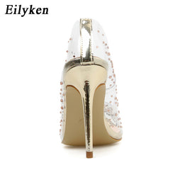 EilyKen 2022 Fashion Golden Rhinestone PVC Transparent Women Pumps Autumn High Heels Sexy Party Wedding shoes size 41 42