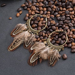 Boho Exaggerate Brown Feather Tassel Pendant Earrings For Women Bohemian  Metal Round Circle Wood Metal Chain Earring Jewelry
