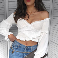 Darlingaga Fashion Chic Smocking White Shirt Women Blouse Long Sleeve Criss-cross Off Shoulder Top Crop Sexy Autumn Shirts Sexy