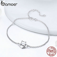 BAMOER 100% 925 Sterling Silver Cat And Heart Link Chain Bracelets &amp; Bangles for Women Authentic Silver Jewelry Gift SCB102