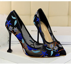 Embroidery pointed toe high heels Sexy cut-out pumps shoes