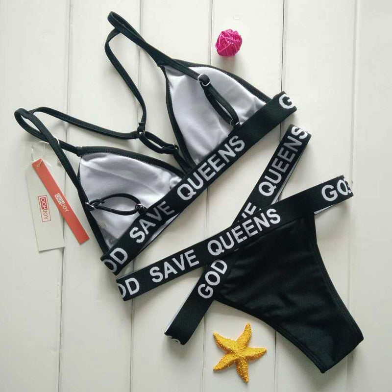 God Save Queens Letter Print Bikini Set Women Swimsuit Cross Strappy Bandage Bathing Suit S-XL Paded Swimwear Brazilian Monokini