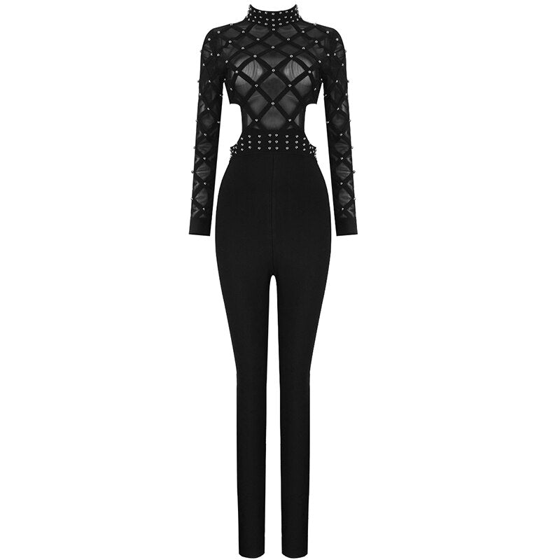High Quality Black Long Sleeve Beading Hollow Out Rayon Bandage Jumpsuit Cocktail Party Bodycon Jumpsuit