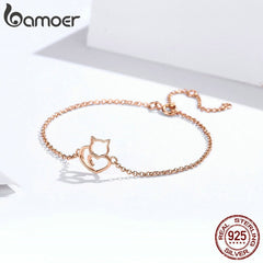 BAMOER 100% 925 Sterling Silver Cat And Heart Link Chain Bracelets &amp; Bangles for Women Authentic Silver Jewelry Gift SCB102