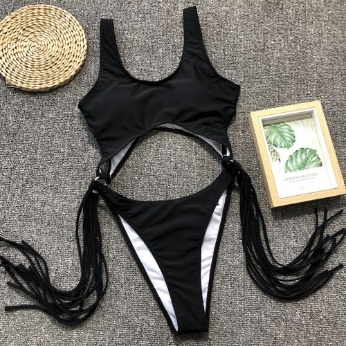 Splicing High Cut Out One Piece Tassel Swimwear