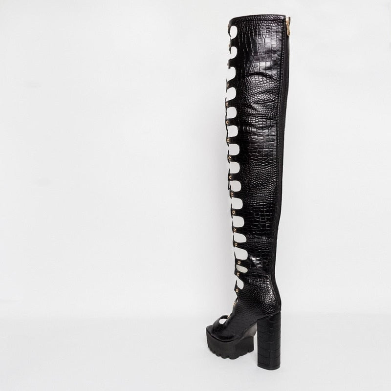 Boots Cross-tied Black Leather High Heel Boot Over the Knee Lace Up