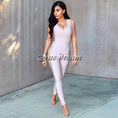 Chic Side Hollow Out Cross Criss Sexy Deep Vneck Women Bandage Jumpsuit