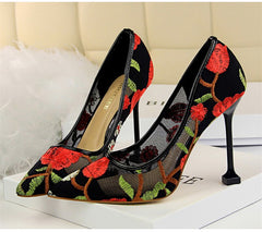 Embroidery pointed toe high heels Sexy cut-out pumps shoes