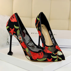 Embroidery pointed toe high heels Sexy cut-out pumps shoes