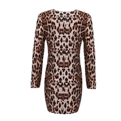 Bodycon Leopard Leather Splice Long Sleeve O-neck Mini Dress