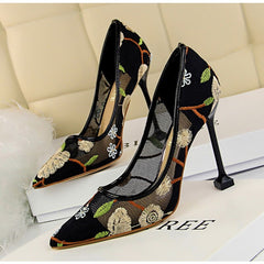 Embroidery pointed toe high heels Sexy cut-out pumps shoes