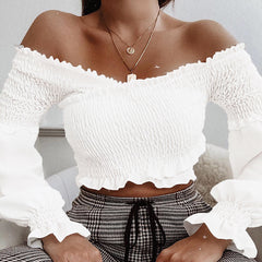 Darlingaga Fashion Chic Smocking White Shirt Women Blouse Long Sleeve Criss-cross Off Shoulder Top Crop Sexy Autumn Shirts Sexy