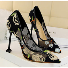 Embroidery pointed toe high heels Sexy cut-out pumps shoes
