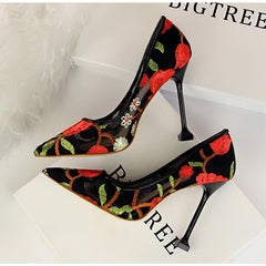 Embroidery pointed toe high heels Sexy cut-out pumps shoes