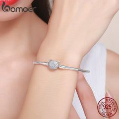 Bamoer 100% 925 Sterling Silver Glittering CZ Cute Cat Snake Chain Bracelet for Women Charm and Bead DIY Fine Jewelry SCB053