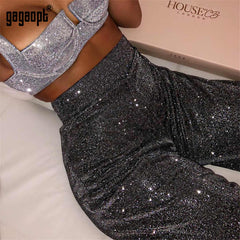 Gagaopt 3 Colors Women Sexy High Waist Reflective Wide Leg Pants New Shiny Pants Party Flare Pants Zipper Casual Long Trousers