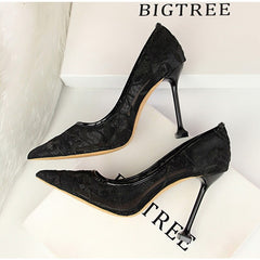 Embroidery pointed toe high heels Sexy cut-out pumps shoes