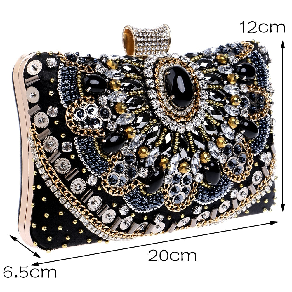 SEKUSA Hot Sale Small Beaded Clutch Purse Elegant Black Evening Bags Wedding Party Clutch Handbag Metal Chain Shoulder Bags