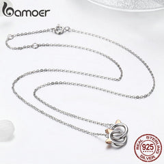 Bamoer New Arrival 925 Sterling Silver Double Circles Pet Cat Pendant Necklace Cute Animal Chain for Women Jewelry Gift SCN252