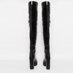 Boots Cross-tied Black Leather High Heel Boot Over the Knee Lace Up