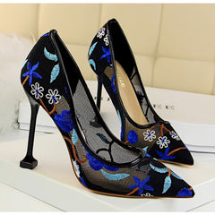 Embroidery pointed toe high heels Sexy cut-out pumps shoes