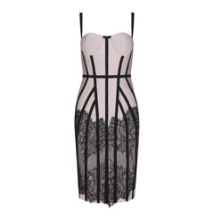 High Quality Slip Khaki Striped Black Lace Rayon Bandage Dress Club Evening Party Dress