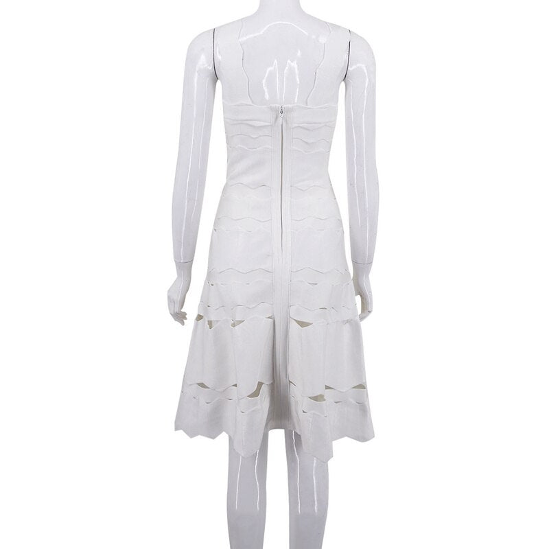 High Quality White Striped Rayon Bandage Dress Sleeveless Evening Party Aline Dress
