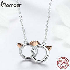 Bamoer New Arrival 925 Sterling Silver Double Circles Pet Cat Pendant Necklace Cute Animal Chain for Women Jewelry Gift SCN252