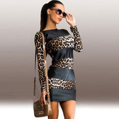 Bodycon Leopard Leather Splice Long Sleeve O-neck Mini Dress