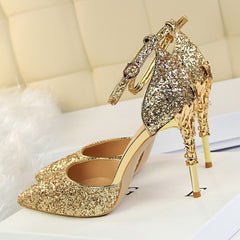 High Heels Sandals Scarpins Metal Heels Sandals Strap Stiletto Glitter Gold Pumps