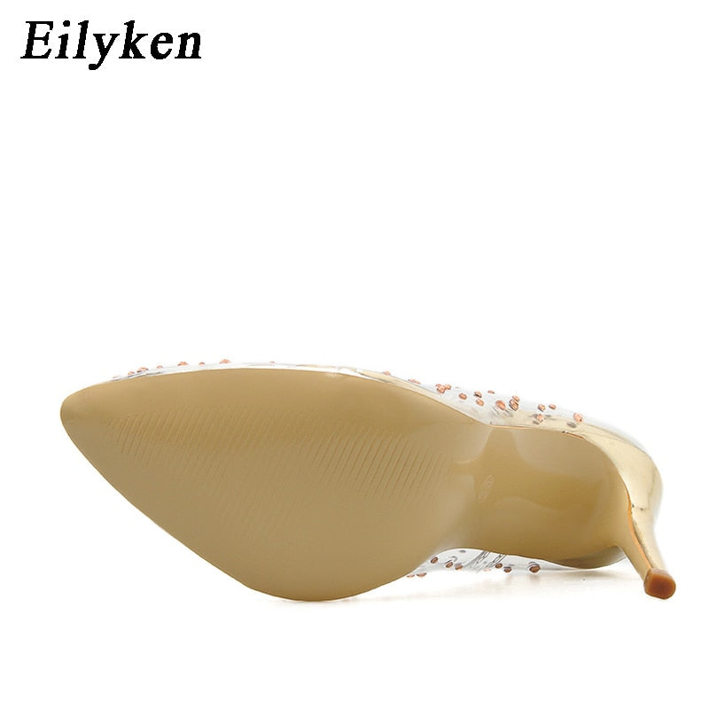 EilyKen 2022 Fashion Golden Rhinestone PVC Transparent Women Pumps Autumn High Heels Sexy Party Wedding shoes size 41 42