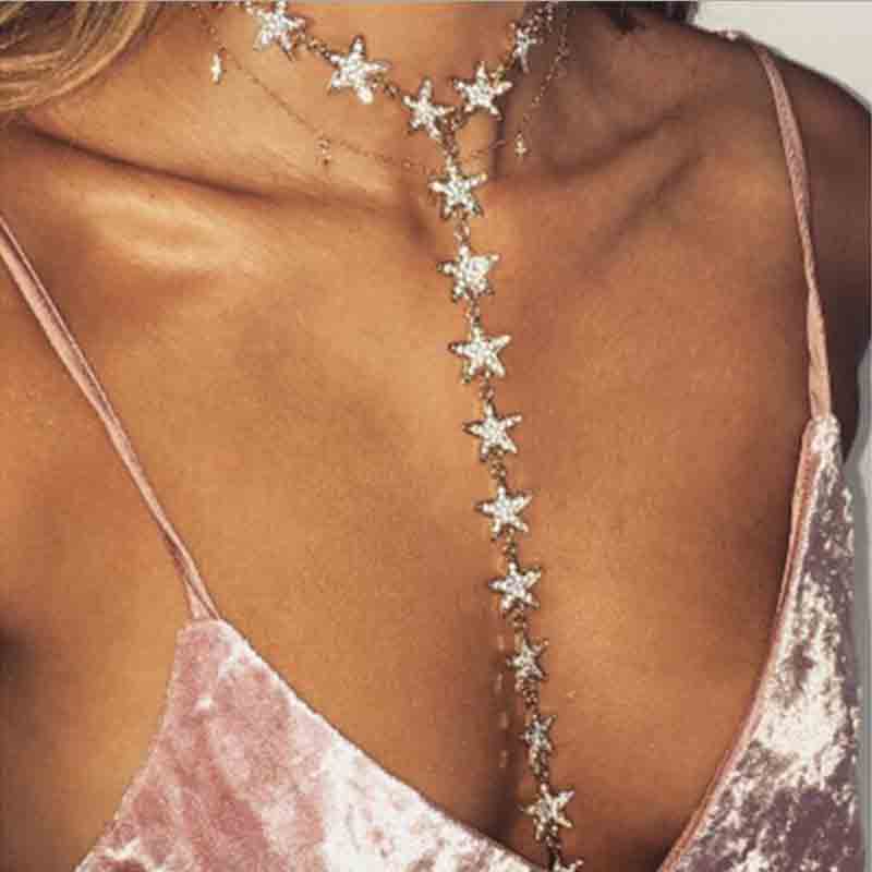 KMVEXO Luxury Gold Color Long Five Pointed Stars Choker Necklace 2018 New Crystal Rhinestone Necklace Women Fashion Body Jewelry Main image