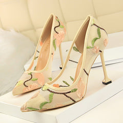 Embroidery pointed toe high heels Sexy cut-out pumps shoes