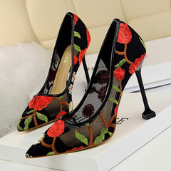 Embroidery pointed toe high heels Sexy cut-out pumps shoes