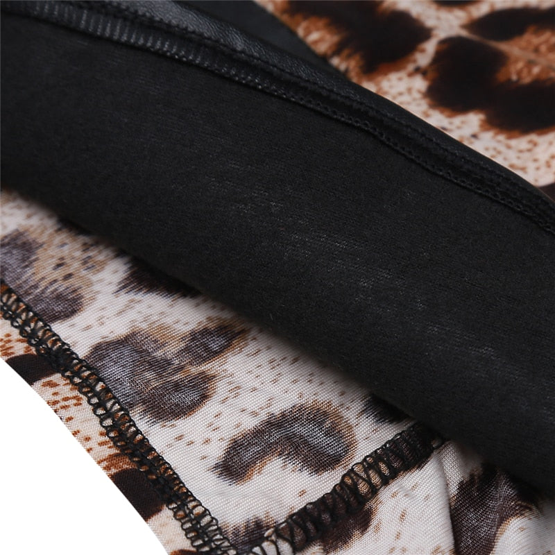 Bodycon Leopard Leather Splice Long Sleeve O-neck Mini Dress