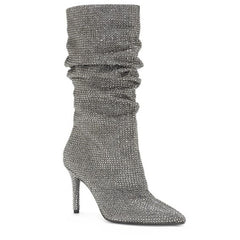 Full Silver Crystal Slouch Knee High Boots Glitter Bling Shiny Rhinestone Pleated High Heel Boots