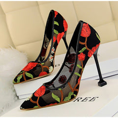 Embroidery pointed toe high heels Sexy cut-out pumps shoes