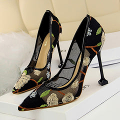 Embroidery pointed toe high heels Sexy cut-out pumps shoes