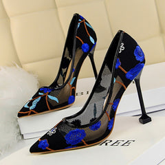 Embroidery pointed toe high heels Sexy cut-out pumps shoes