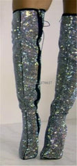 Women Luxurious Rhinestone Pointed Toe Over Knee Thin Heel Boots Bling Bling Crystal Slim  High Heel Long Boots Wedding Shoes